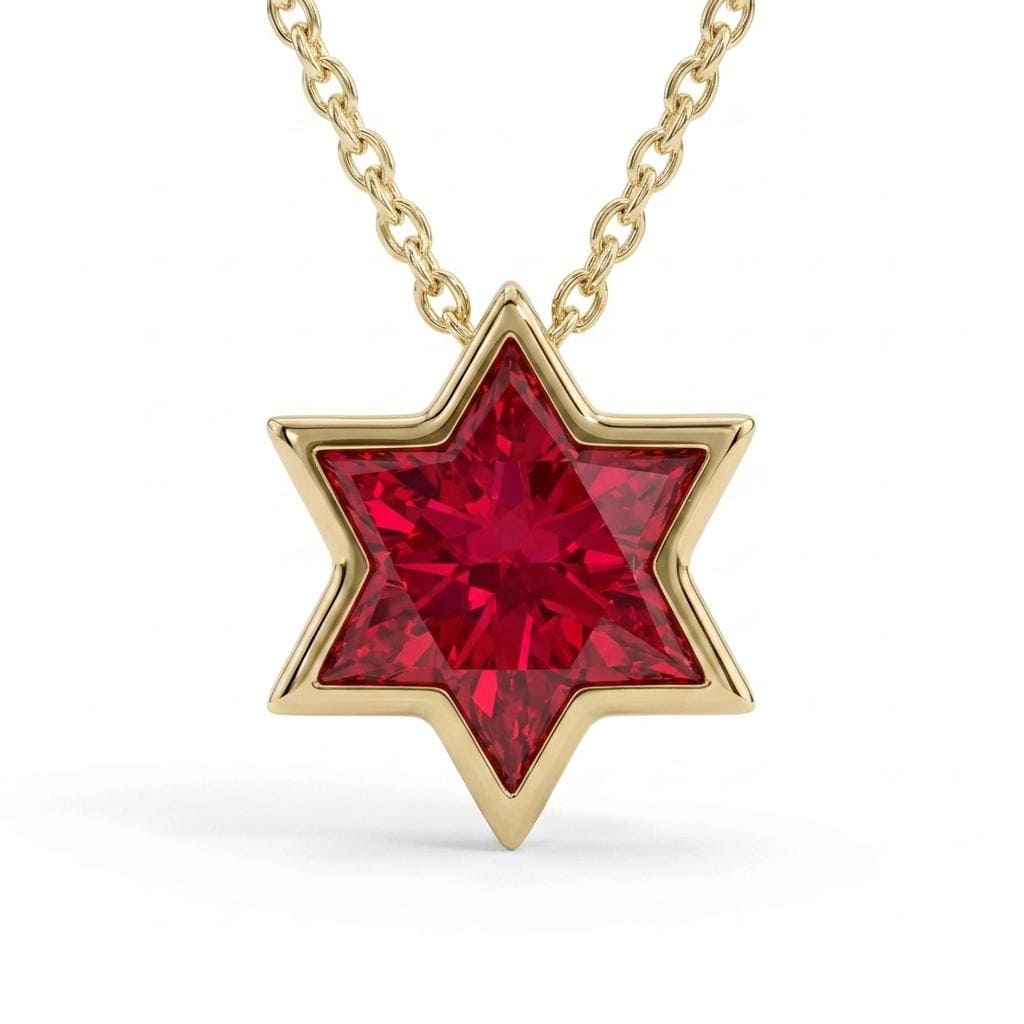 Bezel Set Pendant Magen David Jewish Star Charm: 1.25ct Red Ruby Solitaire, Star Necklace in Solid Yellow Gold image #3