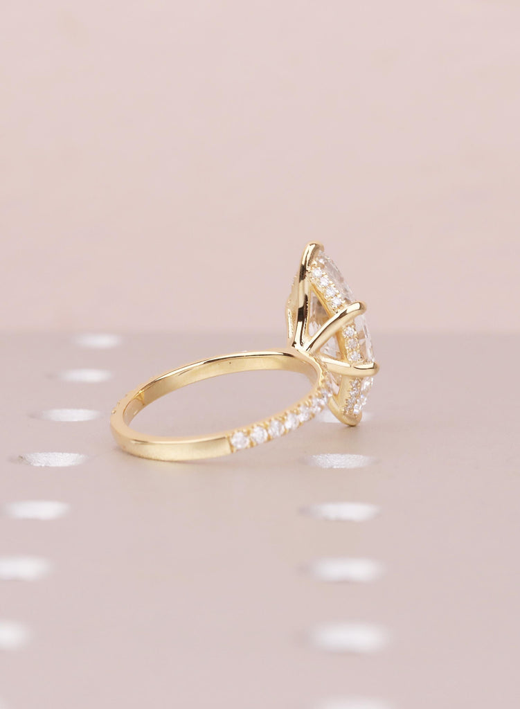 Marquise Moissanite Engagement Ring, 18K Yellow Gold, Hidden Halo Diamond Half Eternity Band, Bridal Unique Wedding Ring Anniversary Gift image #4