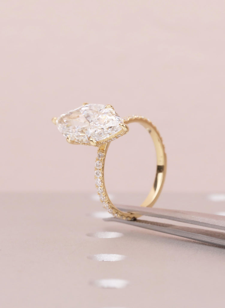 Marquise Lab Diamond Engagement Ring East West Gold, Hidden Halo Ring for Her, Unique Anniversary Ring, Dainty Half Eternity Diamond Jewelry image #8
