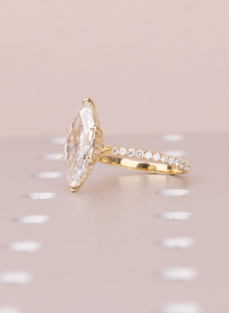 Marquise Lab Diamond Engagement Ring East West Gold, Hidden Halo Ring for Her, Unique Anniversary Ring, Dainty Half Eternity Diamond Jewelry image #7