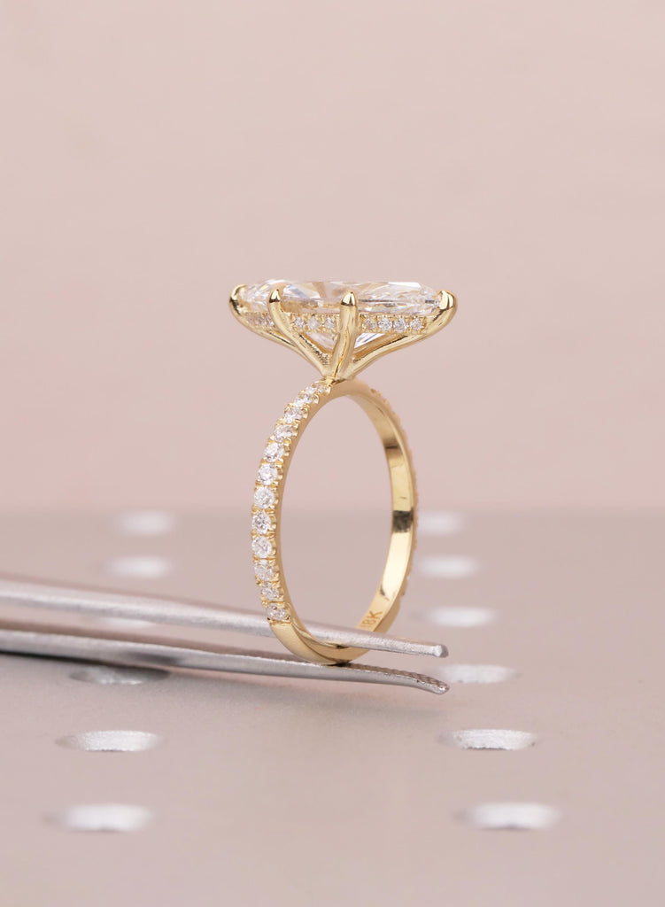 Marquise Lab Diamond Engagement Ring East West Gold, Hidden Halo Ring for Her, Unique Anniversary Ring, Dainty Half Eternity Diamond Jewelry image #13