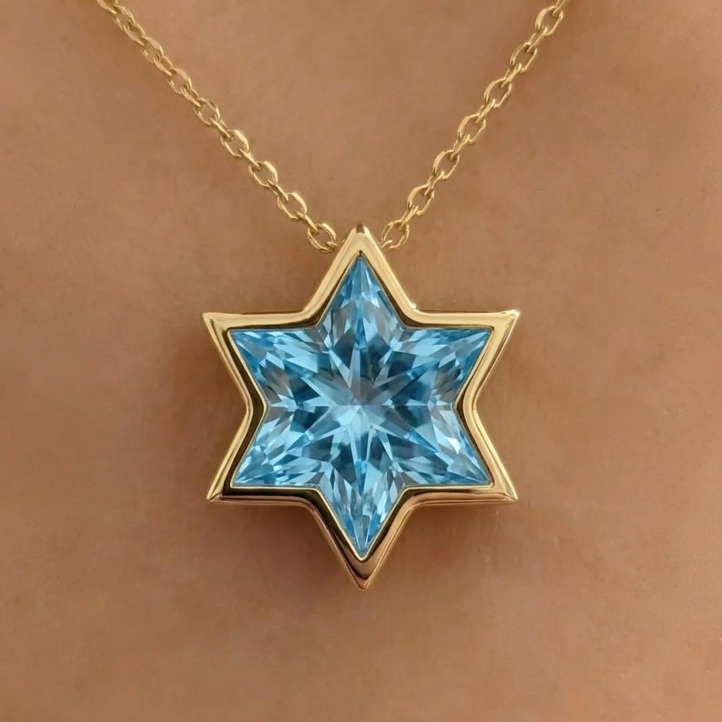 14k/18k Gold Aquamarine Star of David Necklace | Lab Aquamarine Jewish Jewelry Star Necklace | Gold Religious Pendant | Magen David Necklace image #3
