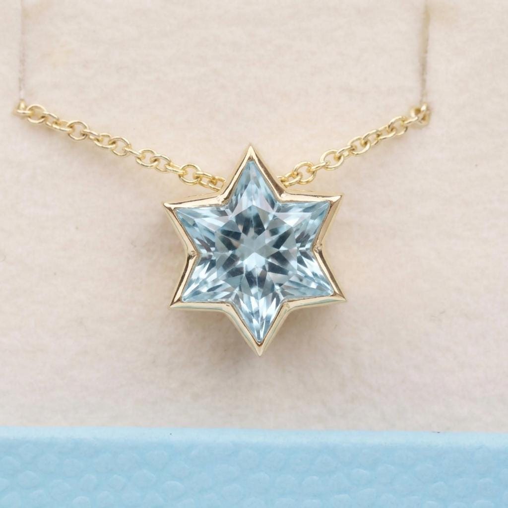 14k/18k Gold Aquamarine Star of David Necklace | Lab Aquamarine Jewish Jewelry Star Necklace | Gold Religious Pendant | Magen David Necklace image #5