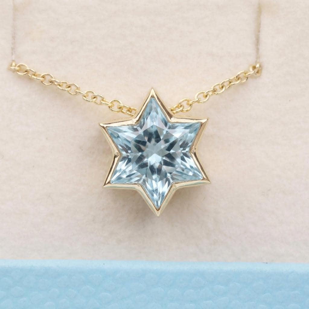 Unique Aquamarine Star of David Necklace | 14k/18k Gold Magen David Pendant | Religious Jewish Star Necklace | March Birthstone Gold Jewelry