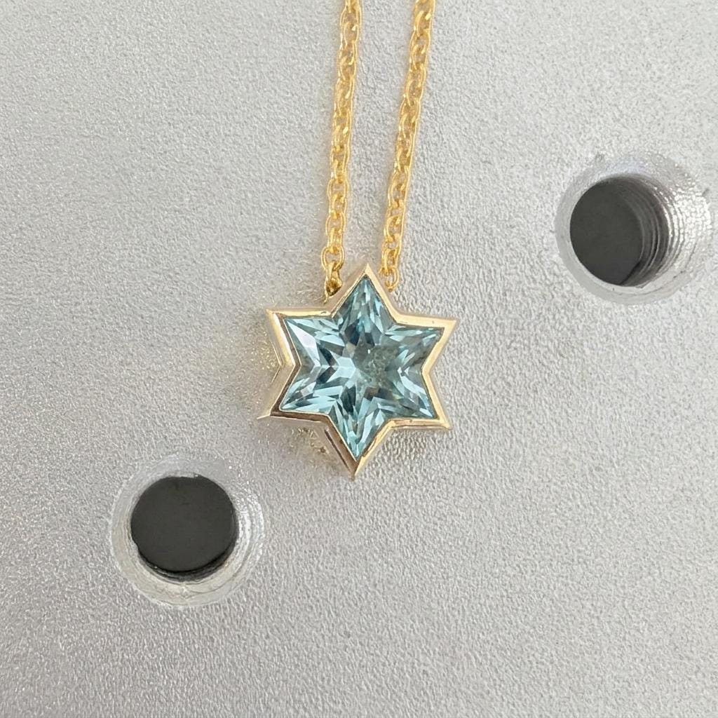 Unique Jewish Jewelry Star Necklace | 14k/18k Gold Lab Aquamarine Star of David March Birthstone Necklace | Gold Religious Pendant | Magen David Necklace