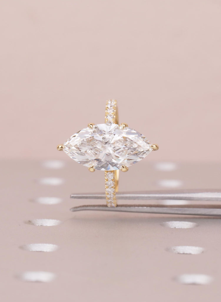 4 Carat Marquise Engagement Ring, Lab Grown Diamond Hidden Halo Ring, 18K Yellow Gold Wedding Ring for Woman, Lab Diamond Ring Gift For Her