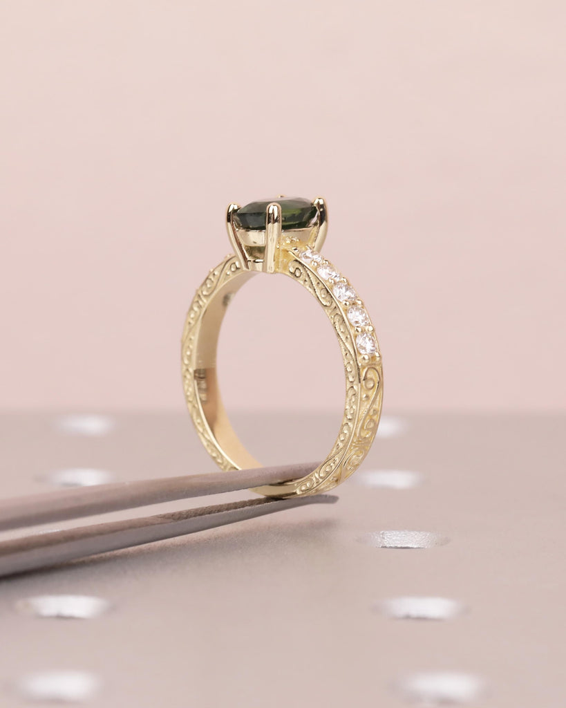 14K Gold Teal Sapphire and Diamond Ring, Vintage Engagement Ring, Oval Cut Peacock Blue Green Sapphire, September Birthstone image #6