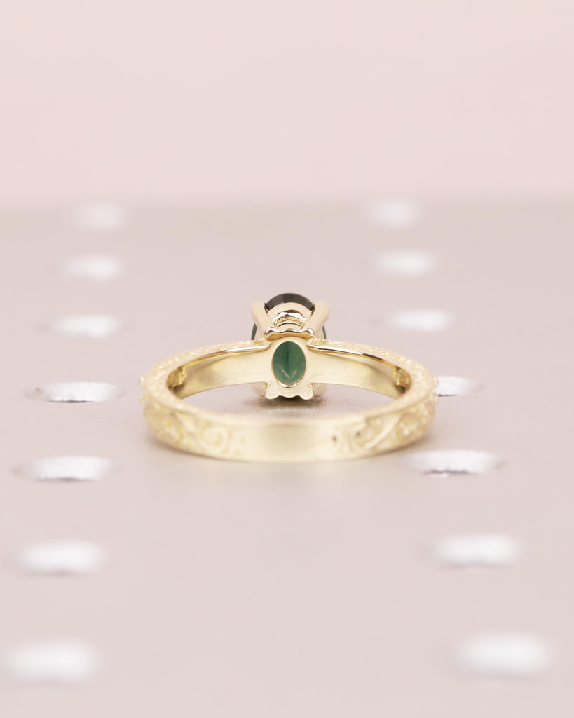 Green Teal Sapphire Ring, 14K Solid Gold Oval Engagement Ring, Vintage Filigree Peacock Sapphire Promise Ring, Art Deco Diamond Cluster Ring image #5