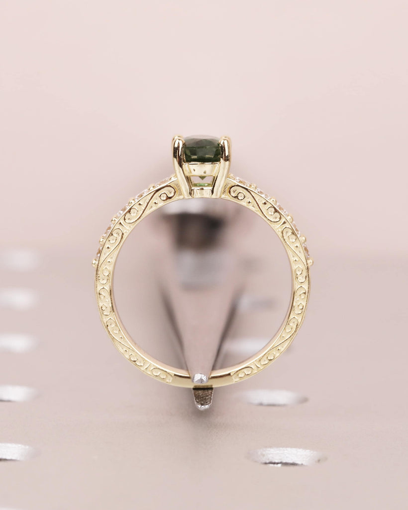 Green Teal Sapphire Ring, 14K Solid Gold Oval Engagement Ring, Vintage Filigree Peacock Sapphire Promise Ring, Art Deco Diamond Cluster Ring image #7