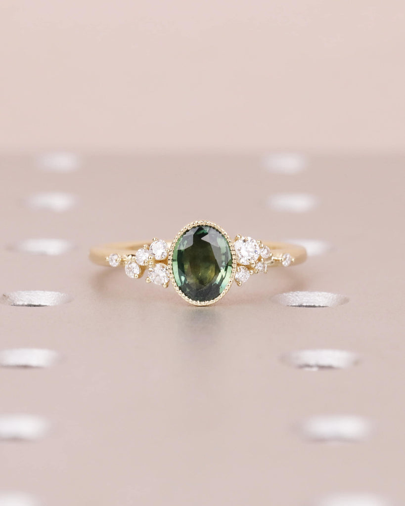 Peacock Sapphire Engagement Ring, 14k Yellow Gold, Oval Teal Sapphire, Bezel Setting, Art Deco Milgrain, Dainty Snowdrift Cluster Ring image #4