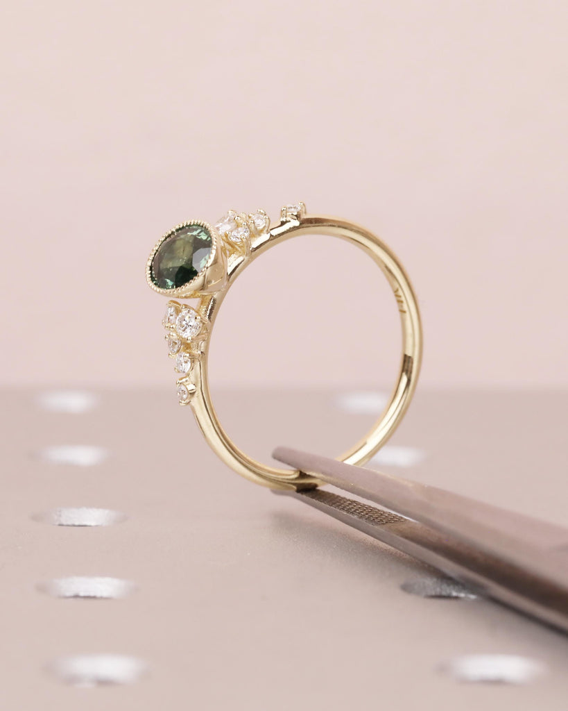 Peacock Sapphire Engagement Ring, 14k Yellow Gold, Oval Teal Sapphire, Bezel Setting, Art Deco Milgrain, Dainty Snowdrift Cluster Ring image #8