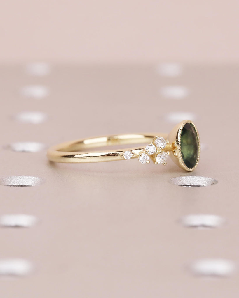 Peacock Sapphire Engagement Ring, 14k Yellow Gold, Oval Teal Sapphire, Bezel Setting, Art Deco Milgrain, Dainty Snowdrift Cluster Ring image #5