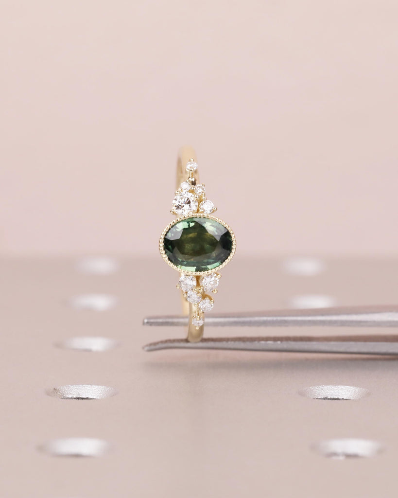 Peacock Sapphire Engagement Ring, 14k Yellow Gold, Oval Teal Sapphire, Bezel Setting, Art Deco Milgrain, Dainty Snowdrift Cluster Ring image #9