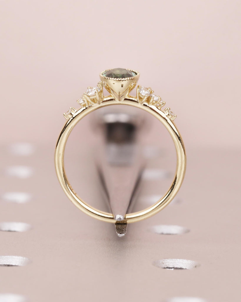 1ct Oval Cut Peacock Sapphire 14K Solid Gold Engagement Ring | Bezel Set Ring | Unique Snowdrift Diamond Cluster Ring | Promise Ring for Her image #8