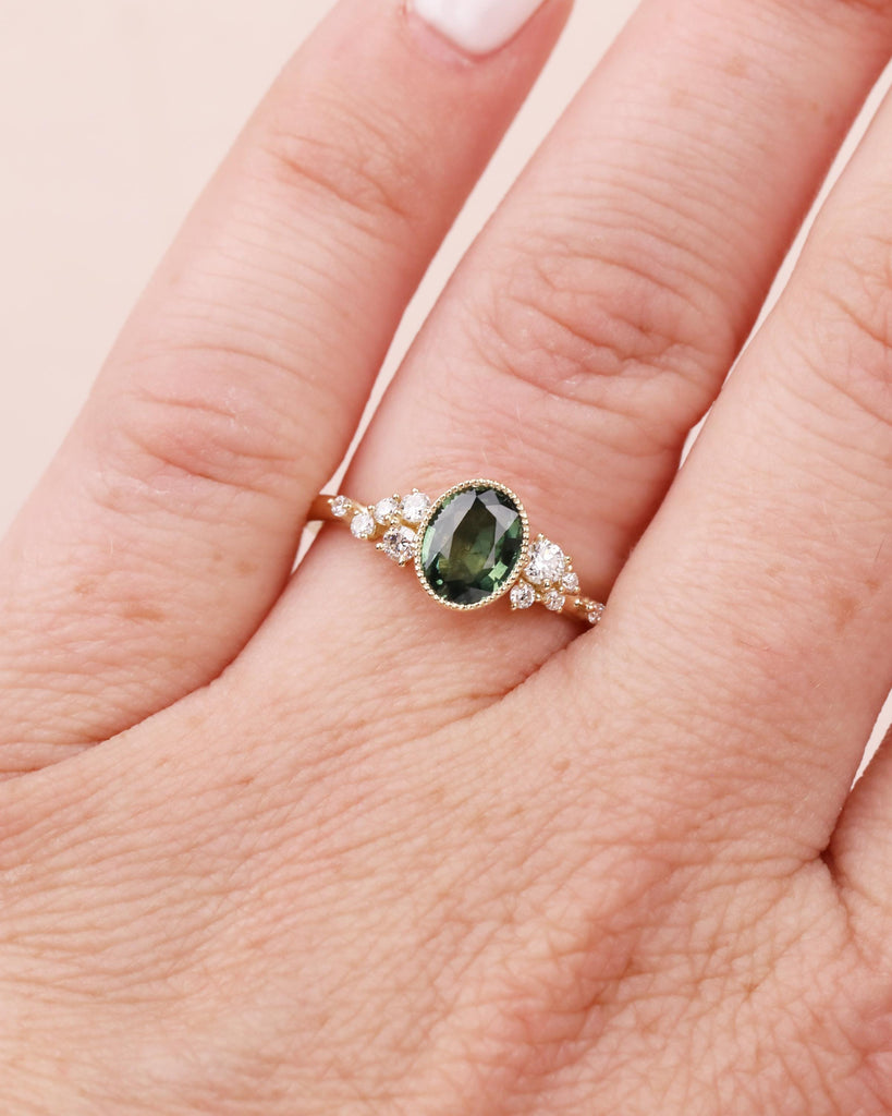 1ct Oval Cut Peacock Sapphire 14K Solid Gold Engagement Ring | Bezel Set Ring | Unique Snowdrift Diamond Cluster Ring | Promise Ring for Her image #2