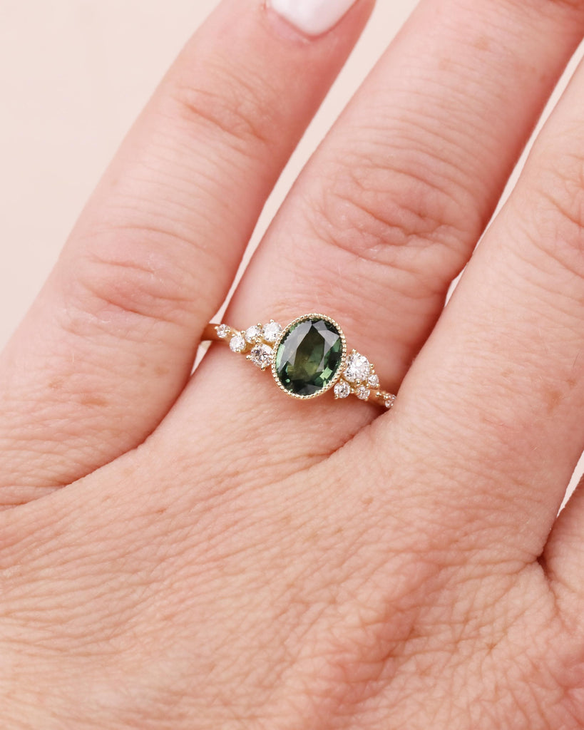 Peacock Sapphire Engagement Ring, 14k Yellow Gold, Oval Teal Sapphire, Bezel Setting, Art Deco Milgrain, Dainty Snowdrift Cluster Ring image #10