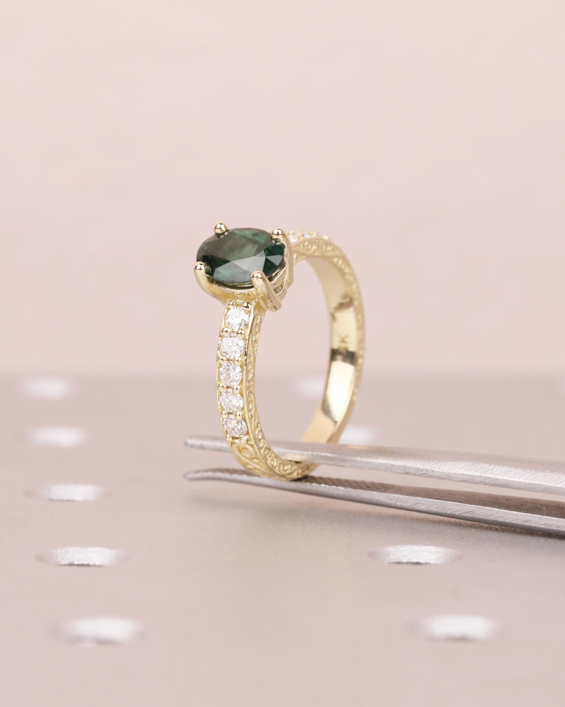 14K Gold Teal Sapphire and Diamond Ring, Vintage Engagement Ring, Oval Cut Peacock Blue Green Sapphire, September Birthstone