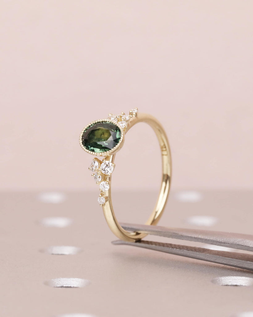 Peacock Sapphire Engagement Ring, 14k Yellow Gold, Oval Teal Sapphire, Bezel Setting, Art Deco Milgrain, Dainty Snowdrift Cluster Ring