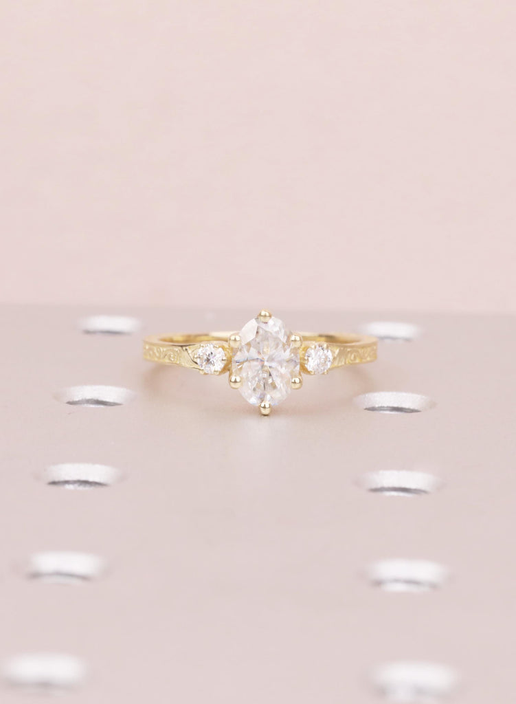 Oval Lab Diamond Engagement Ring in 14K Gold, Ethical 3 Stone Engraved Filigree Ring, Handmade Bridal Jewelry, Conflict Free Diamond Ring image #2