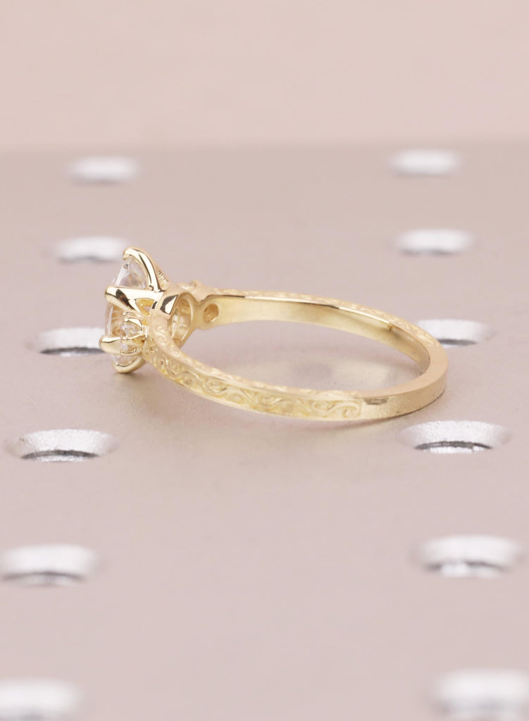 Oval Lab Diamond Engagement Ring in 14K Gold, Ethical 3 Stone Engraved Filigree Ring, Handmade Bridal Jewelry, Conflict Free Diamond Ring image #7