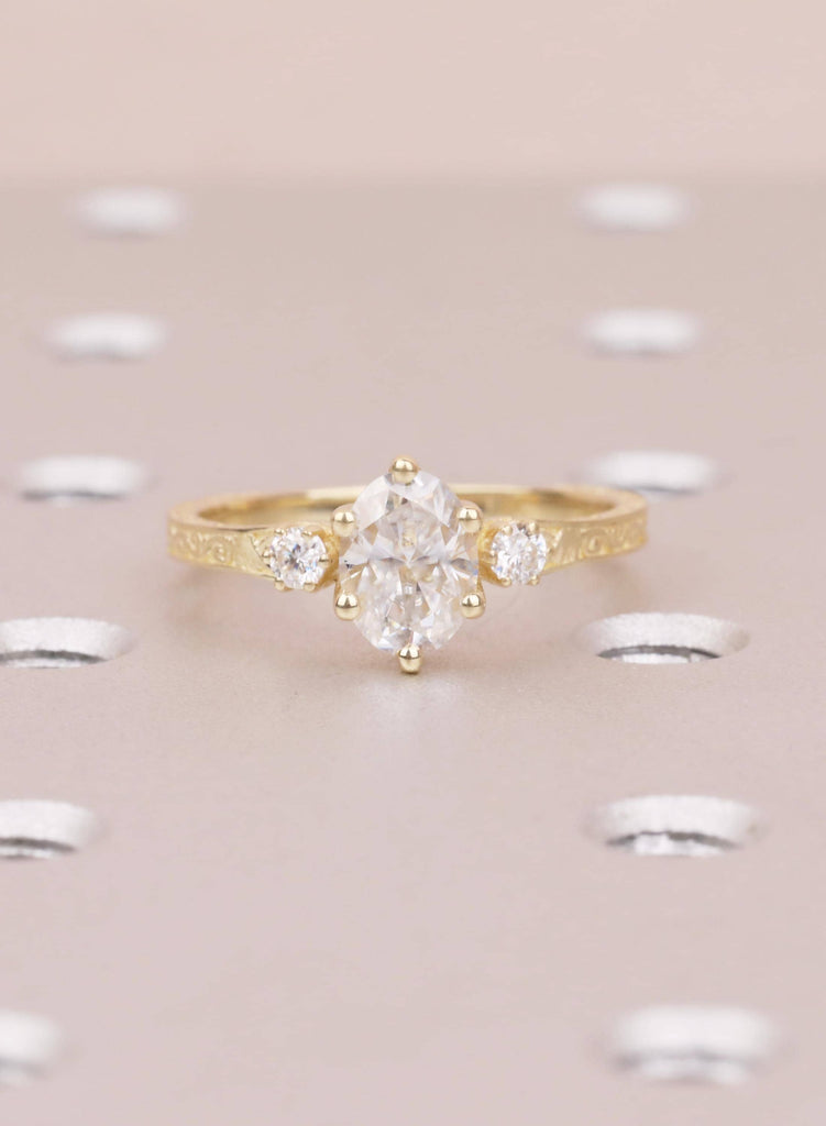 Oval Lab Diamond Engagement Ring in 14K Gold, Ethical 3 Stone Engraved Filigree Ring, Handmade Bridal Jewelry, Conflict Free Diamond Ring image #3