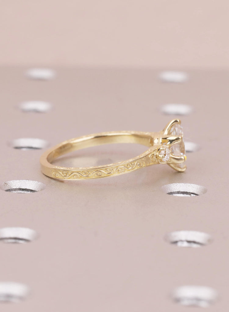 Oval Lab Diamond Engagement Ring in 14K Gold, Ethical 3 Stone Engraved Filigree Ring, Handmade Bridal Jewelry, Conflict Free Diamond Ring image #5