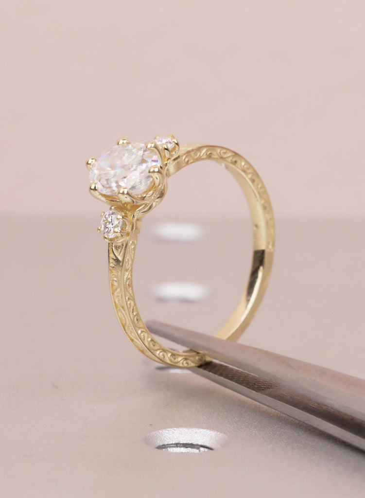 Oval Lab Diamond Engagement Ring in 14K Gold, Ethical 3 Stone Engraved Filigree Ring, Handmade Bridal Jewelry, Conflict Free Diamond Ring image #1