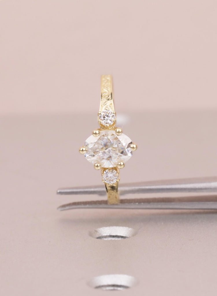 Oval Lab Diamond Engagement Ring in 14K Gold, Ethical 3 Stone Engraved Filigree Ring, Handmade Bridal Jewelry, Conflict Free Diamond Ring image #9