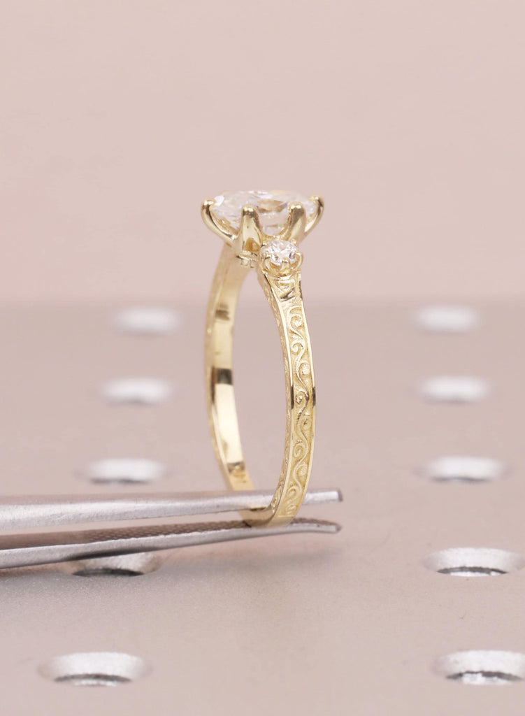 Oval Lab Diamond Engagement Ring in 14K Gold, Ethical 3 Stone Engraved Filigree Ring, Handmade Bridal Jewelry, Conflict Free Diamond Ring image #11