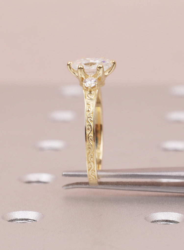 Oval Lab Diamond Engagement Ring in 14K Gold, Ethical 3 Stone Engraved Filigree Ring, Handmade Bridal Jewelry, Conflict Free Diamond Ring image #12