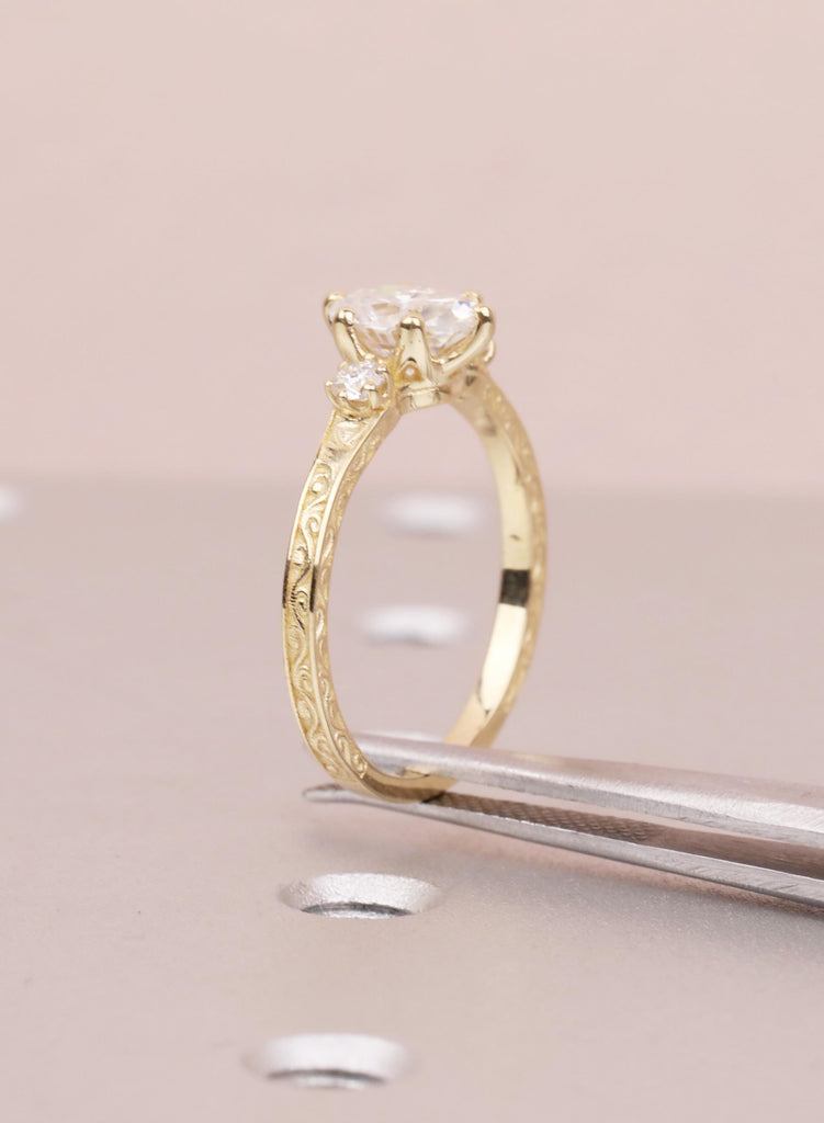 Oval Lab Diamond Engagement Ring in 14K Gold, Ethical 3 Stone Engraved Filigree Ring, Handmade Bridal Jewelry, Conflict Free Diamond Ring image #13