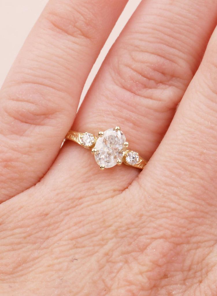 Oval Lab Diamond Engagement Ring in 14K Gold, Ethical 3 Stone Engraved Filigree Ring, Handmade Bridal Jewelry, Conflict Free Diamond Ring image #14