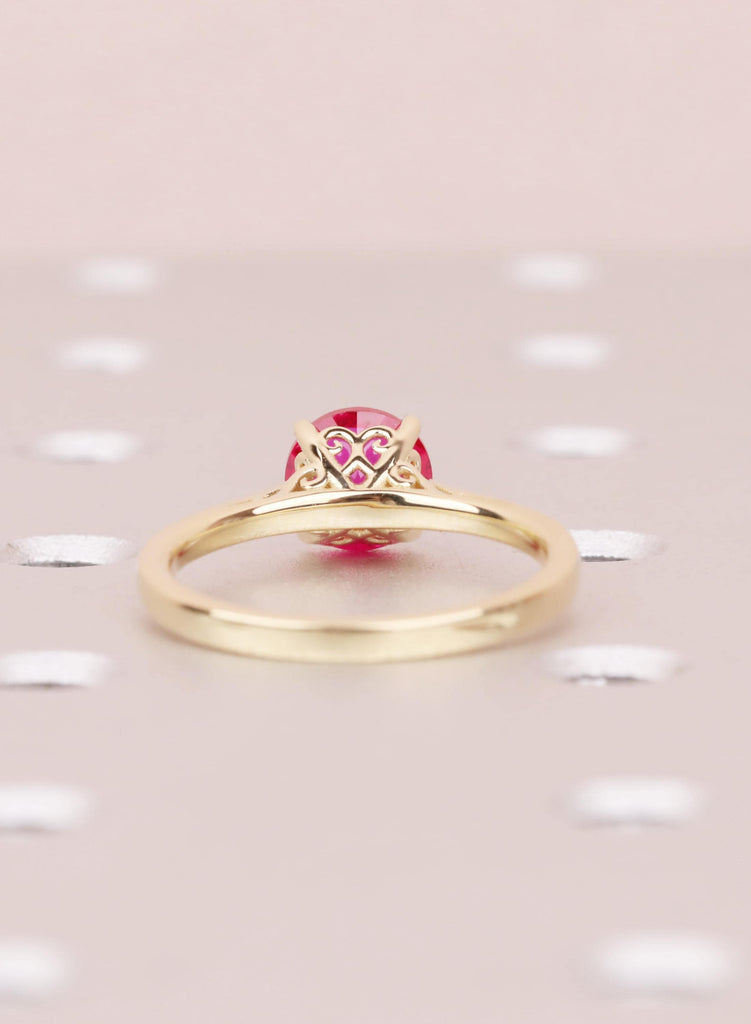 Ruby Engagement Ring, Dainty 14k Yellow Gold Solitaire Ring, Vintage Handmade Ring for Women, Lab Grown Ruby Filigree Ring, July Birthstone image #7