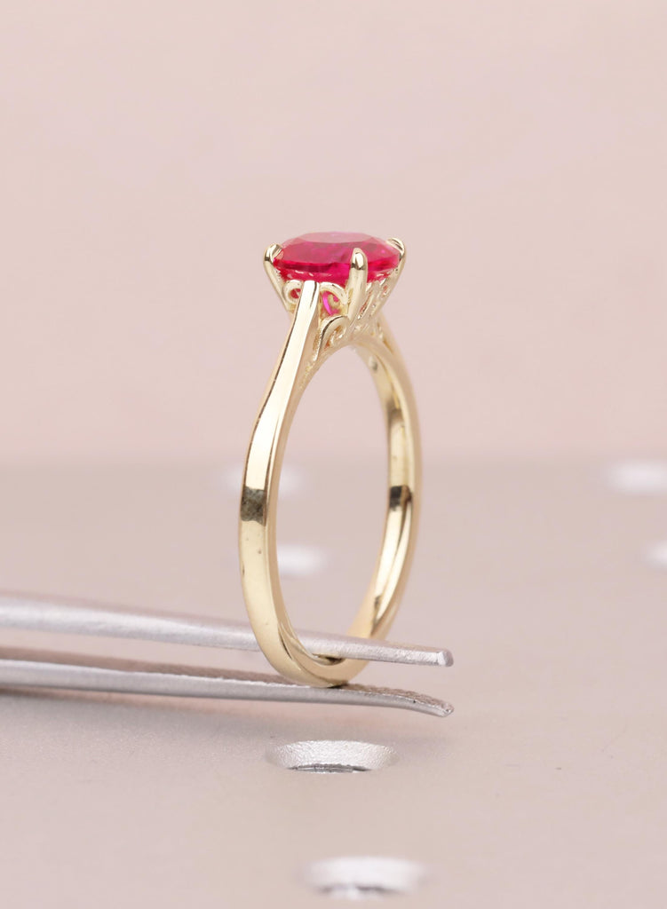 Ruby Engagement Ring, Dainty 14k Yellow Gold Solitaire Ring, Vintage Handmade Ring for Women, Lab Grown Ruby Filigree Ring, July Birthstone image #15