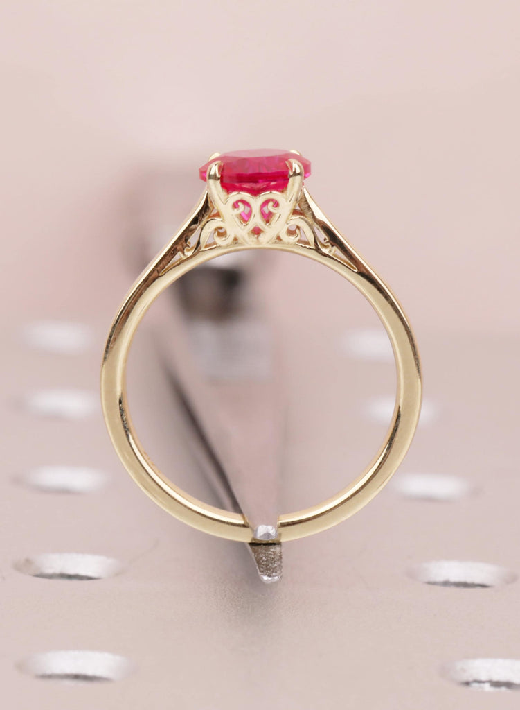 Ruby Rings For Woman: Round Lab Ruby, 14K Yellow Gold, Filigree Settings, July Birthstone image #13