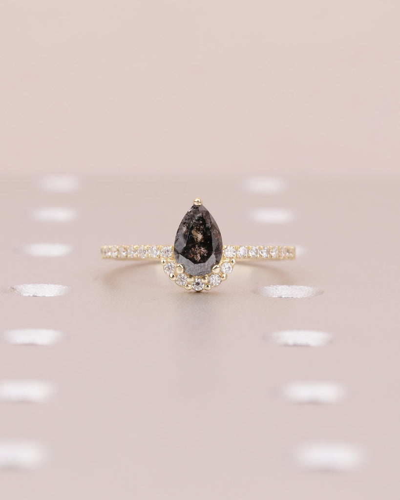 Art Deco Diamond Engagement Ring, 14k Yellow Gold Halo Salt and Pepper Ring, Promise Ring Set, Lab Diamond Chevron Band, Bridal Jewelry image #12