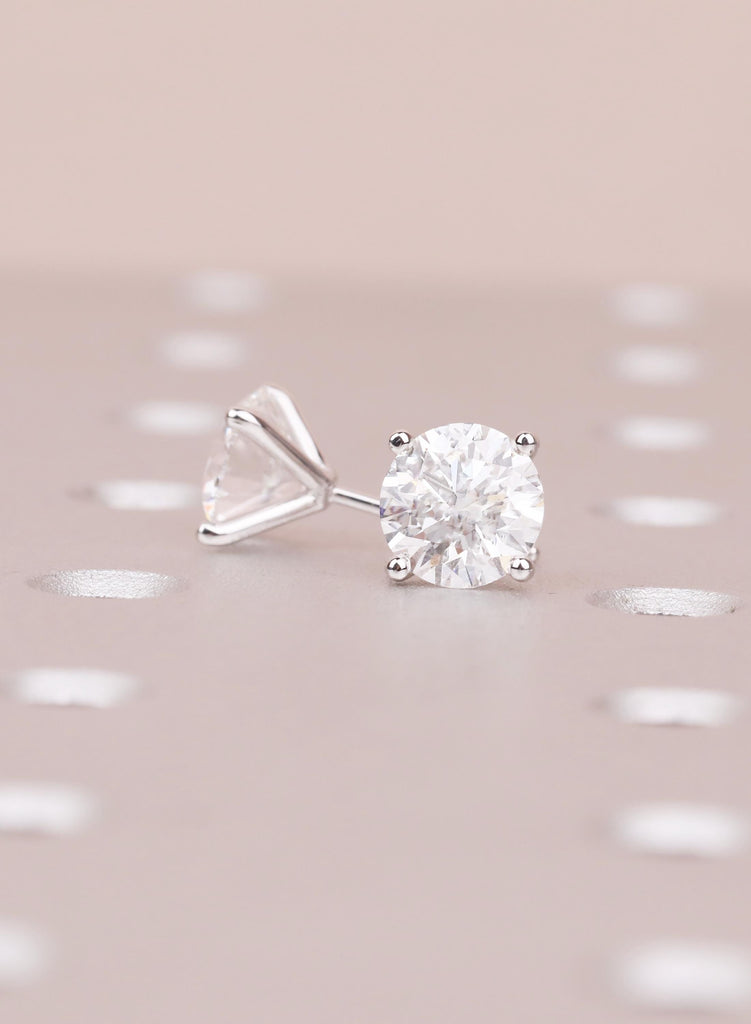 Dainty Round Cut Moissanite Stud Earrings, 14K White Gold Solitaire Minimalist Earrings For Her image #7