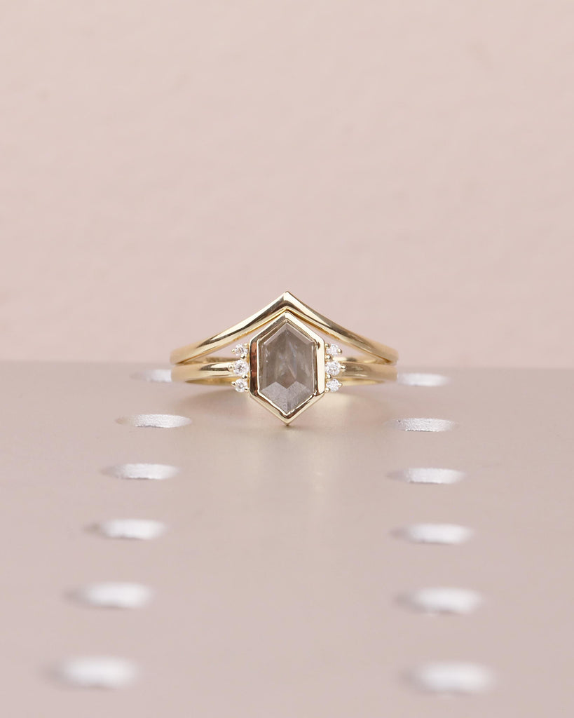 14k Solid Gold Bezel Set Ring, Salt and Pepper Diamond Engagement Ring with Lab Grown Diamond Accents, Hexagon Cut Ring, Anniversary Ring image #12