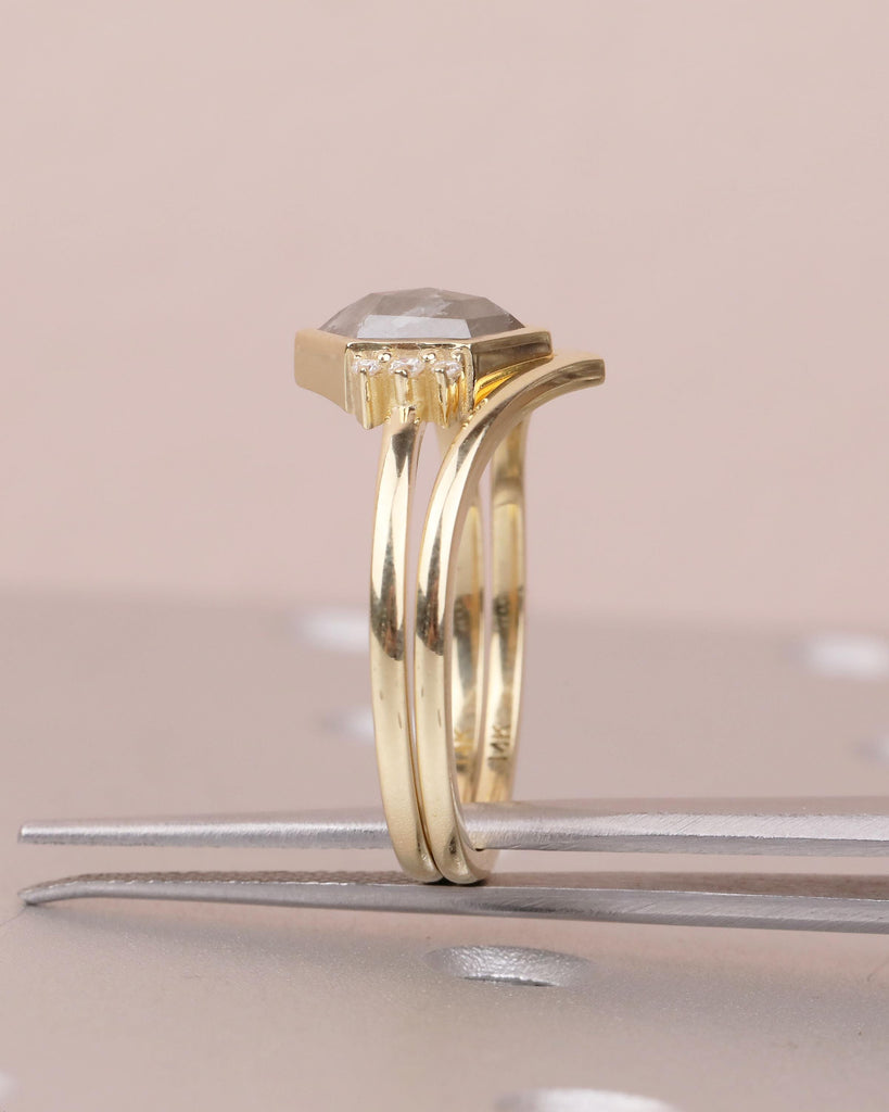 14k Solid Gold Bezel Set Ring, Salt and Pepper Diamond Engagement Ring with Lab Grown Diamond Accents, Hexagon Cut Ring, Anniversary Ring image #6