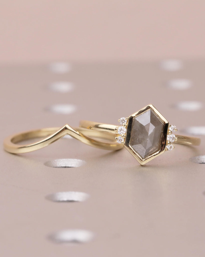 14k Solid Gold Bezel Set Ring, Salt and Pepper Diamond Engagement Ring with Lab Grown Diamond Accents, Hexagon Cut Ring, Anniversary Ring image #4