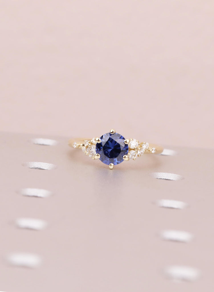 Vintage Blue Sapphire 14K Yellow Gold Engagement Rings, Unique Snowdrift 6 Prong Diamond Cluster Promise Ring, September Birthstone Ring image #2