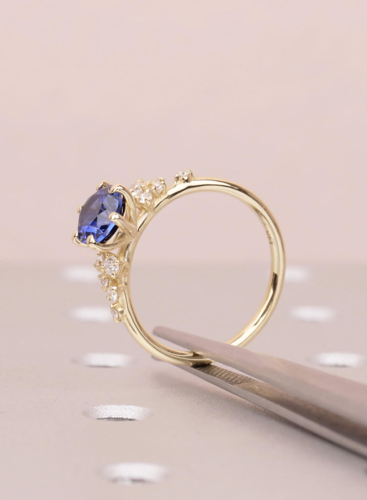 Vintage Blue Sapphire 14K Yellow Gold Engagement Rings, Unique Snowdrift 6 Prong Diamond Cluster Promise Ring, September Birthstone Ring image #9