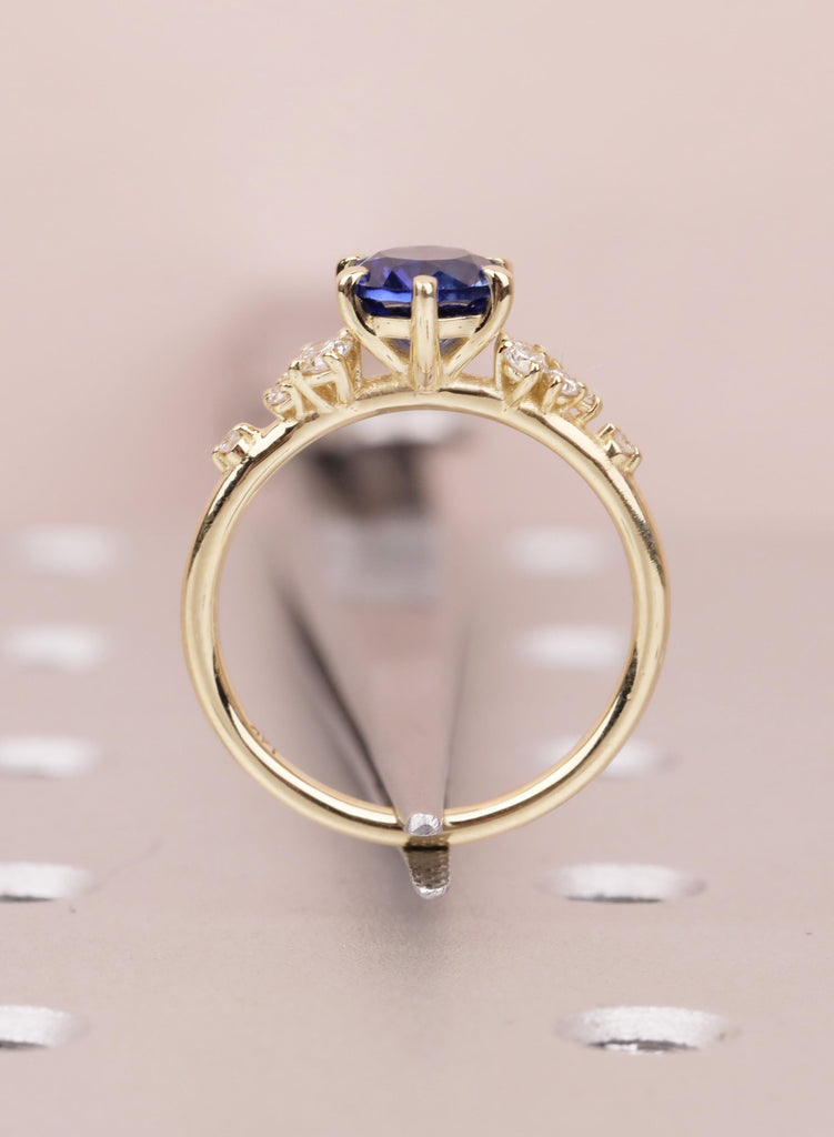 Vintage Blue Sapphire 14K Yellow Gold Engagement Rings, Unique Snowdrift 6 Prong Diamond Cluster Promise Ring, September Birthstone Ring image #11