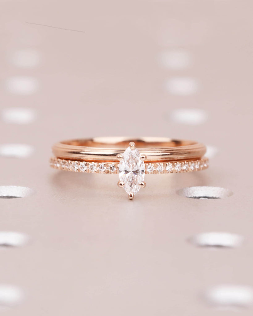 Vintage Marquise Moissanite Engagement Ring Set, 14K Rose Gold Wedding Band Bridal Ring Set, Anniversary Promise Ring Set, Stackable Rings image #2