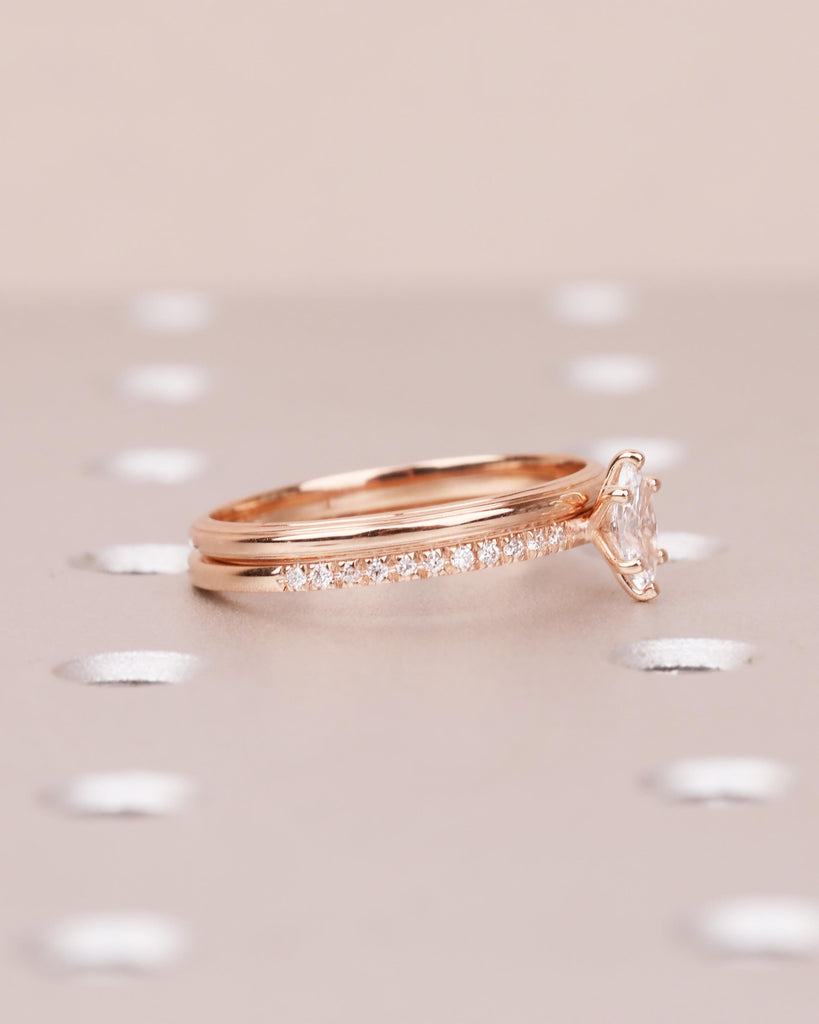 Unique Rose Gold Bridal Ring Set: Marquise Moissanite Engagement Ring, Thin Gold Wedding Band, Stackable Rings, Dainty Promise Ring Set image #5
