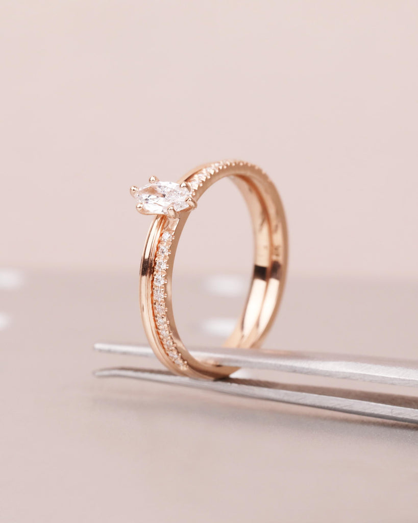Vintage Marquise Moissanite Engagement Ring Set, 14K Rose Gold Wedding Band Bridal Ring Set, Anniversary Promise Ring Set, Stackable Rings image #5