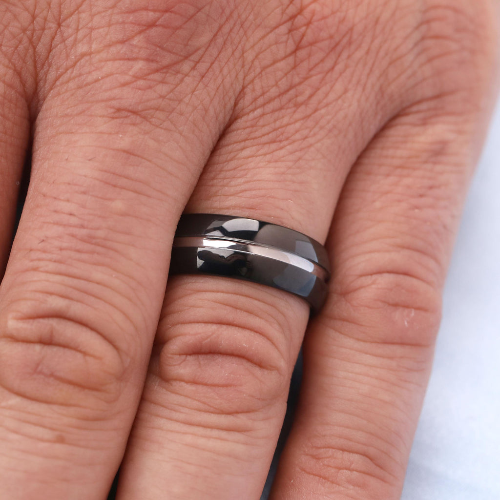 8MM Black & Silver Manly Bands | Scratch Resistant Tungsten Carbide Wedding Ring for Him | Gift for Boyfriend