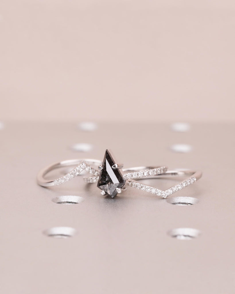 Vintage Engagement Ring Set: Kite Cut Salt & Pepper Diamond Ring, Matching Moissanite Wedding Bands, 14K White Gold Art Deco Bridal Set of 3