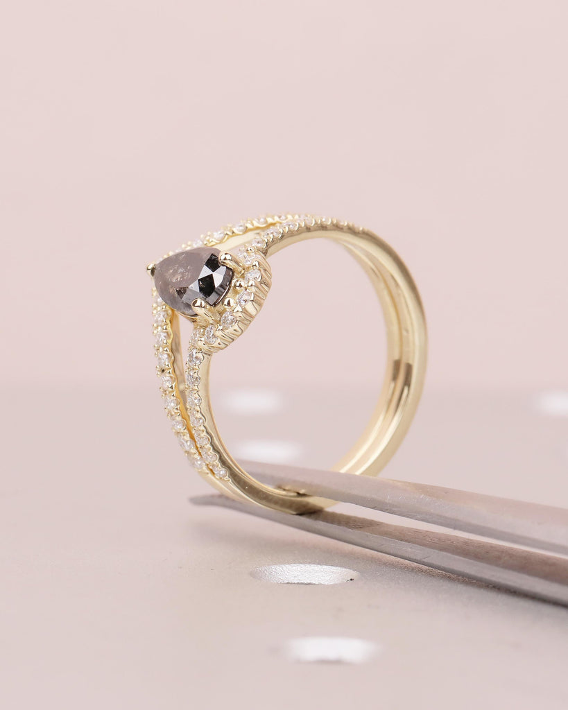 14k Yellow Gold Pear Cut Salt and Pepper Diamond Bridal Set, Vintage Engagement Ring image #16