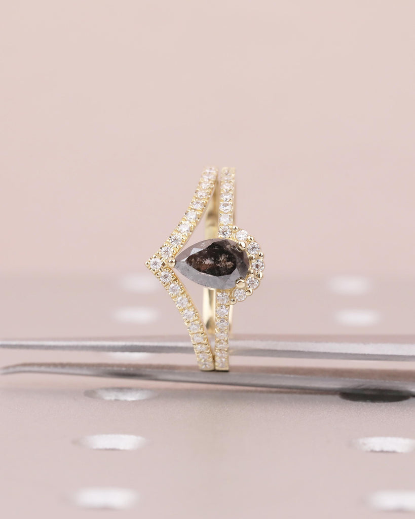 Art Deco Diamond Engagement Ring, 14k Yellow Gold Halo Salt and Pepper Ring, Promise Ring Set, Lab Diamond Chevron Band, Bridal Jewelry image #8